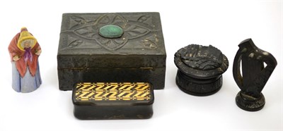 Lot 169 - A Worcester candle snuffer (a.f.), inlaid snuff box, two bog oak pieces depicting a harp and...