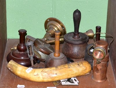 Lot 204 - Assorted Masons' mauls, bar top cork extractor, lamp, fishing reel, scrimshaw horn etc
