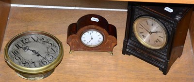 Lot 218 - A striking mantel clock, inlaid mantel timepiece and a metal cased timepiece