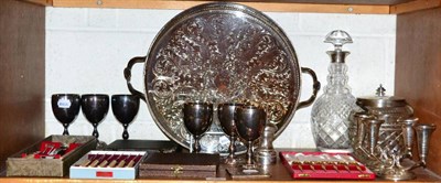 Lot 236 - Assorted silver and plate including biscuit barrel, a pair of candelabra, pepper mill, cased...