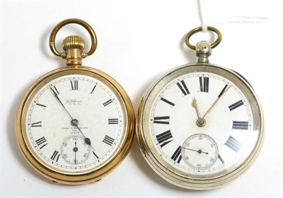 Lot 243 - A gold plated pocket watch signed Waltham and a silver pocket watch