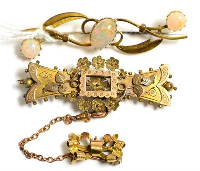Lot 246 - An opal brooch and a 9ct gold Victorian foliate brooch with smaller drop brooch (2)