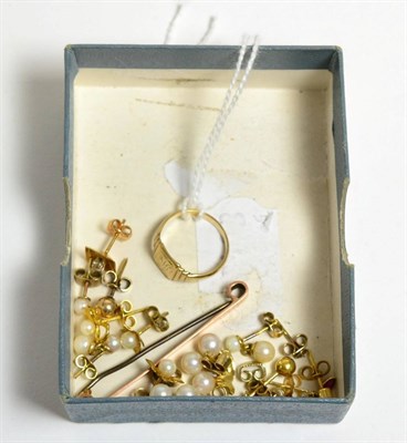Lot 274 - Three pairs of 9ct gold cultured pearl earrings, a pair of garnet earrings, a single diamond...