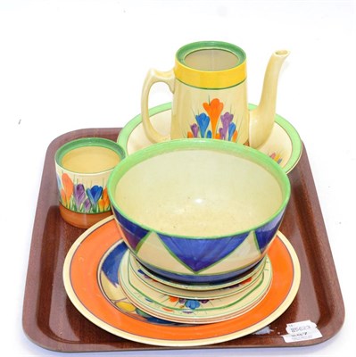 Lot 287 - Group of Clarice Cliff Bizarre ware including crocus pattern, teapot (lacking cover), sugar jar...