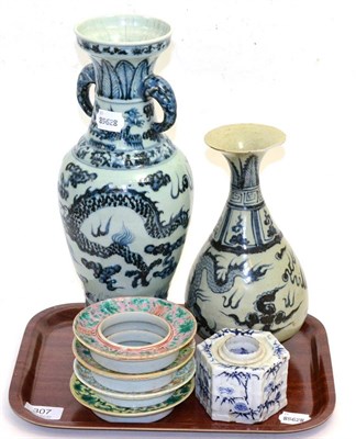 Lot 307 - Four various Chinese porcelain cup stands; a Japanese blue and white porcelain hexagonal ink pot; a