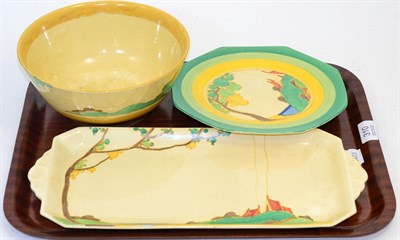 Lot 310 - Clarice Cliff Bizarre ware plate, dish and bowl