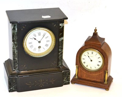 Lot 326 - A Victorian black slate mantel timepiece, an Edwardian inlaid mantle timepiece, two tribal carvings