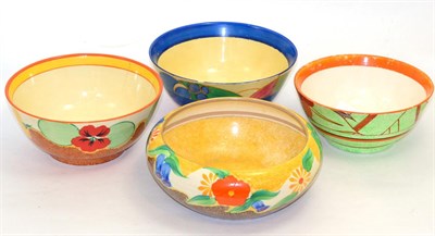 Lot 331 - Four Clarice Cliff Bizarre ware bowls, two in the Fantasque pattern, one Cafe-Au-Lait, and one...