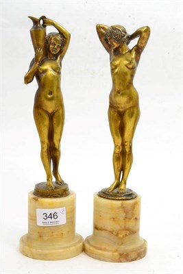 Lot 346 - A pair of Art Deco bronze figures on marble bases, signed Joe Descomps