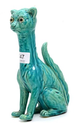 Lot 347 - A 1930's turquoise glaze cat with glass eyes