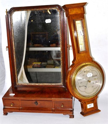 Lot 367 - An inlaid aneroid barometer together with a 19th century mahogany toilet mirror (2)