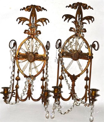 Lot 373 - A pair of German wall appliques hung with crystal drops (twin lights)