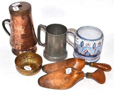Lot 374 - An early copper tankard with iron handle; together with a pewter tankard and others (6)