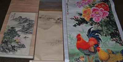 Lot 376 - A large Chinese hanging scroll painting on silk depicting peonies;  a Japanese hanging scroll...
