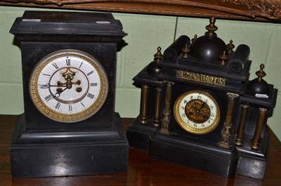 Lot 388 - A gilt metal mounted striking mantel clock of architectural form together with another slate mantel