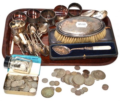 Lot 407 - Assorted silver cutlery, napkin rings and a quantity of pre-1947 silver coins etc