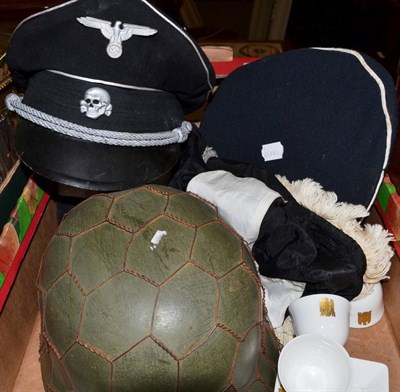 Lot 423 - Assorted reproduction Third Reich items including helmet, caps, banner, buttons, ashtray etc