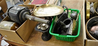 Lot 430 - Quantity of pewter, brass and silver plate, together with converted carriage lamp, trays etc