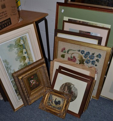 Lot 441 - A group of framed articles including a Victorian needlework, a mirror, a quantity of unframed...