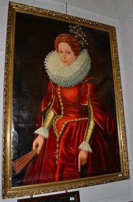 Lot 443 - A large portrait oil painting of a woman in Elizabethan dress