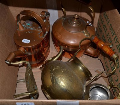 Lot 449 - A copper hot water can, a copper kettle, three various bed warming pans etc