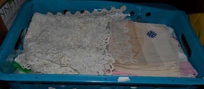 Lot 452 - Damask large table cloth, embroidered textiles, lace and crochet items (one box)