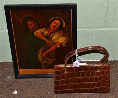 Lot 479 - A 1940 brown crocodile handbag with suede lining and a Hogarth print (2)