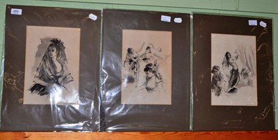 Lot 488 - Three accomplished sketches of dancers in the manner of Degas, pen and ink with grey-black...