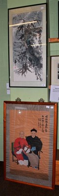 Lot 496 - A large Chinese watercolour painting of birds atop foliage, signed, framed and glazed; and a...