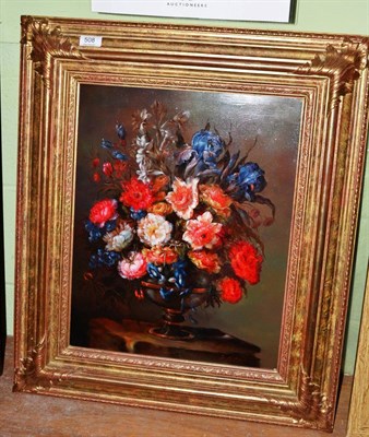 Lot 508 - S H Mavis (20th century) Still life with irises, roses and other mixed flowers, oil on wood panel