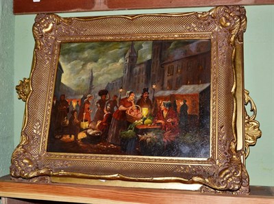 Lot 515 - Galli, Imra (b.1913), Market scene at twilight, oil on board, signed; together with a wall mirror