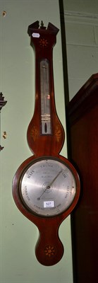 Lot 527 - An early 19th century mahogany banjo barometer by F Bates, Market Harbro, silvered dials,...