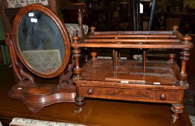 Lot 570 - A burr walnut Canterbury, possibly a whatnot cut down and a Victorian mahogany oval toilet mirror