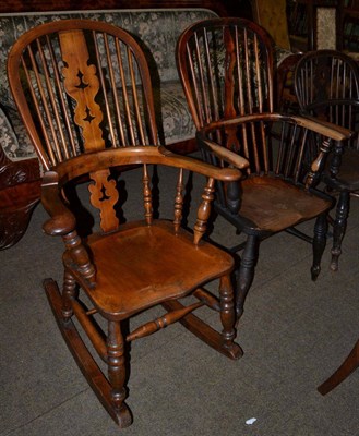 Lot 595 - A 19th century oak Windsor rocking chair and a Windsor oak and elm Windsor armchair (a.f.) (2)