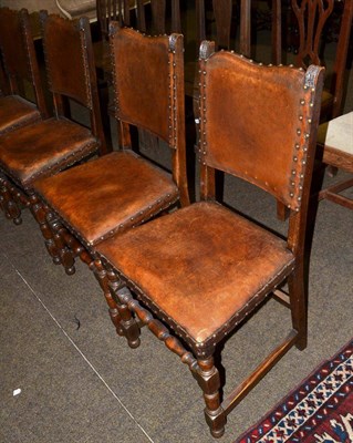 Lot 612 - Set of six studded leather and oak dining chairs