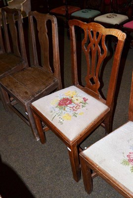 Lot 613 - Two Chippendale style oak dining chairs with needlework seats, together with three various...