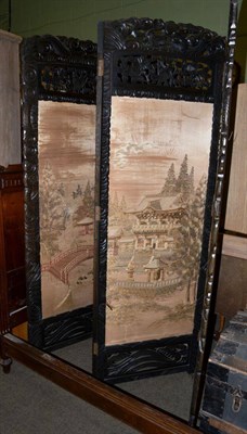 Lot 642 - Chinese silk work carved hardwood four fold screen