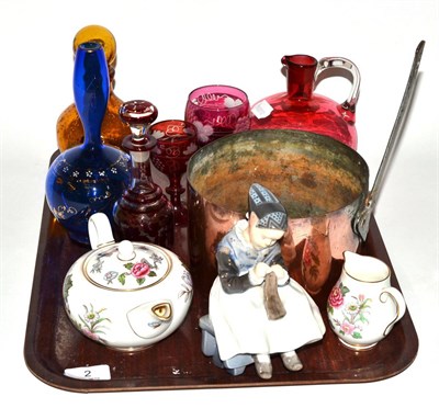 Lot 2 - Copenhagen figure, copper pan and a quantity of coloured glass and ceramics