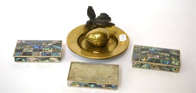 Lot 6 - An Art Deco brass inkwell mounted with a Vienna cold painted bronze bird and three...