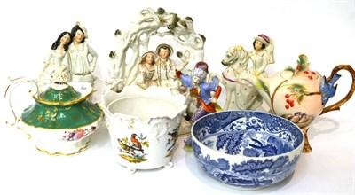 Lot 15 - Three Staffordshire figures, a Continental figure holding a baton, Copeland Spode bowl, two teapots