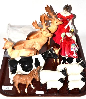 Lot 26 - Beswick stag and deer family, Fresian cow and calf (a.f.), sheep, donkey; together with three Royal