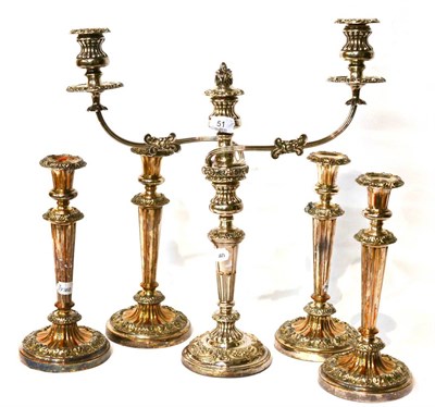 Lot 51 - A set of Old Sheffield Plate candlesticks and a similar two branch three light candelabrum (one...