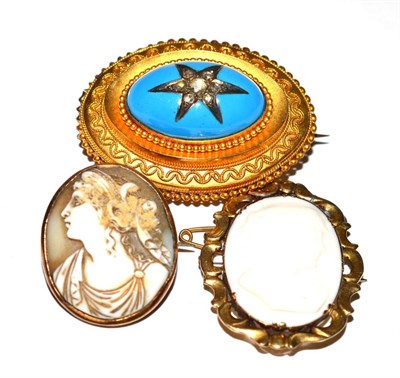 Lot 71 - A Victorian diamond and turquoise set brooch probably 15ct (unmarked) and two shell cameo brooches