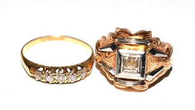 Lot 76 - An 18ct gold five stone diamond ring together with a yellow metal gentlemen's ring (unmarked) (2)