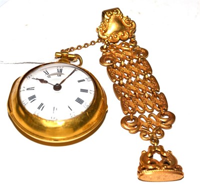 Lot 84 - A gilt metal pair cased pocket watch with an attached chatelaine and fob seal, movement signed...