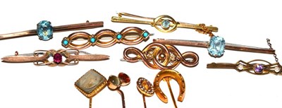 Lot 85 - A group of Victorian and later bar brooches and tie pins including, four 9ct bar brooches, one 15ct