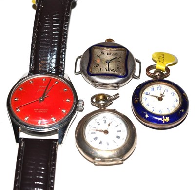 Lot 106 - A silver and enamel cased Rolex wristwatch together with a French silver and enamel fob watch...