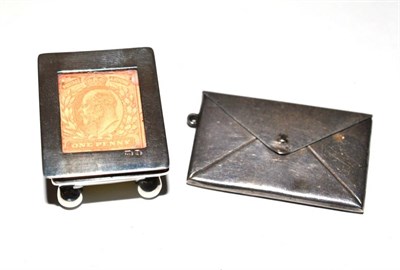 Lot 108 - A silver envelope form stamp box marked Sterling together with a small glazed stamp box raised...