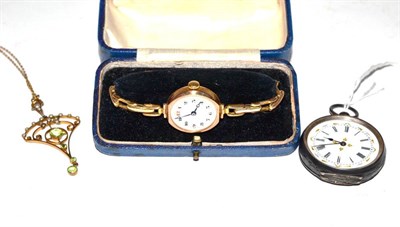 Lot 116 - A lady's 9ct gold wristwatch a lady's fob watch and a pendant stamped to reverse on an applied...