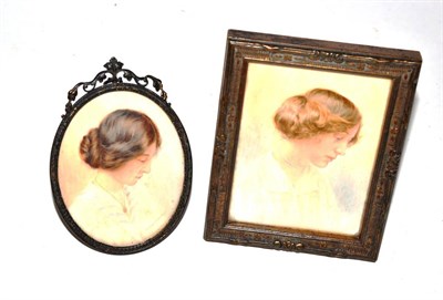 Lot 146 - M. Buchan, portrait of a young woman, bust length, oval miniature on ivory, signed and indistinctly
